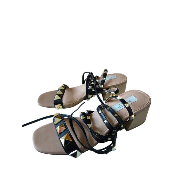Steven New York Byrin Heeled Sandal Size 6 Black Wraparound Block Heel Studded - Picture 4 of 9